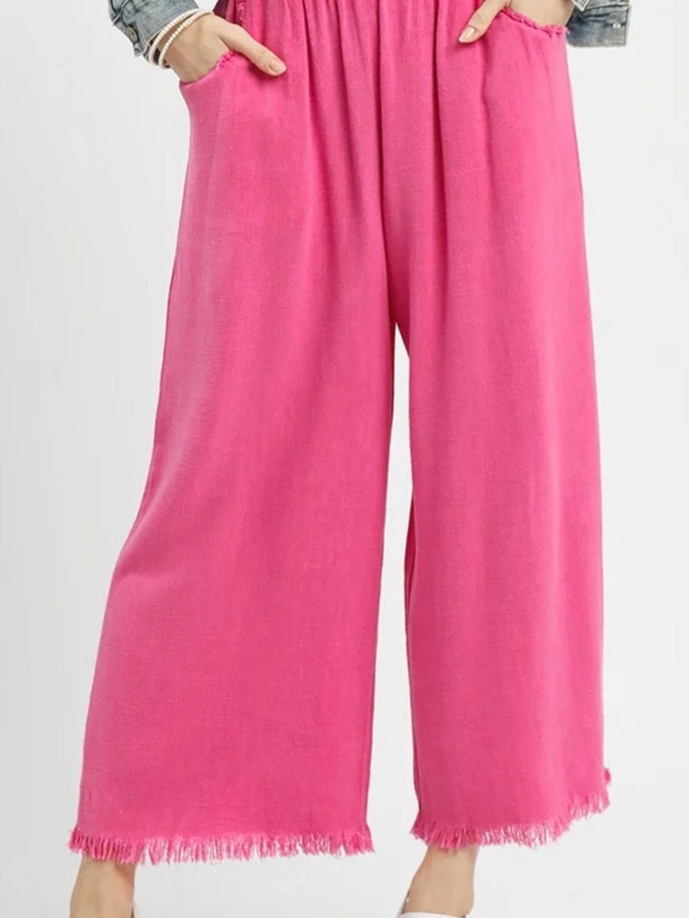 Umgee Hot Pink Wide Leg Fray  Hem  Pants